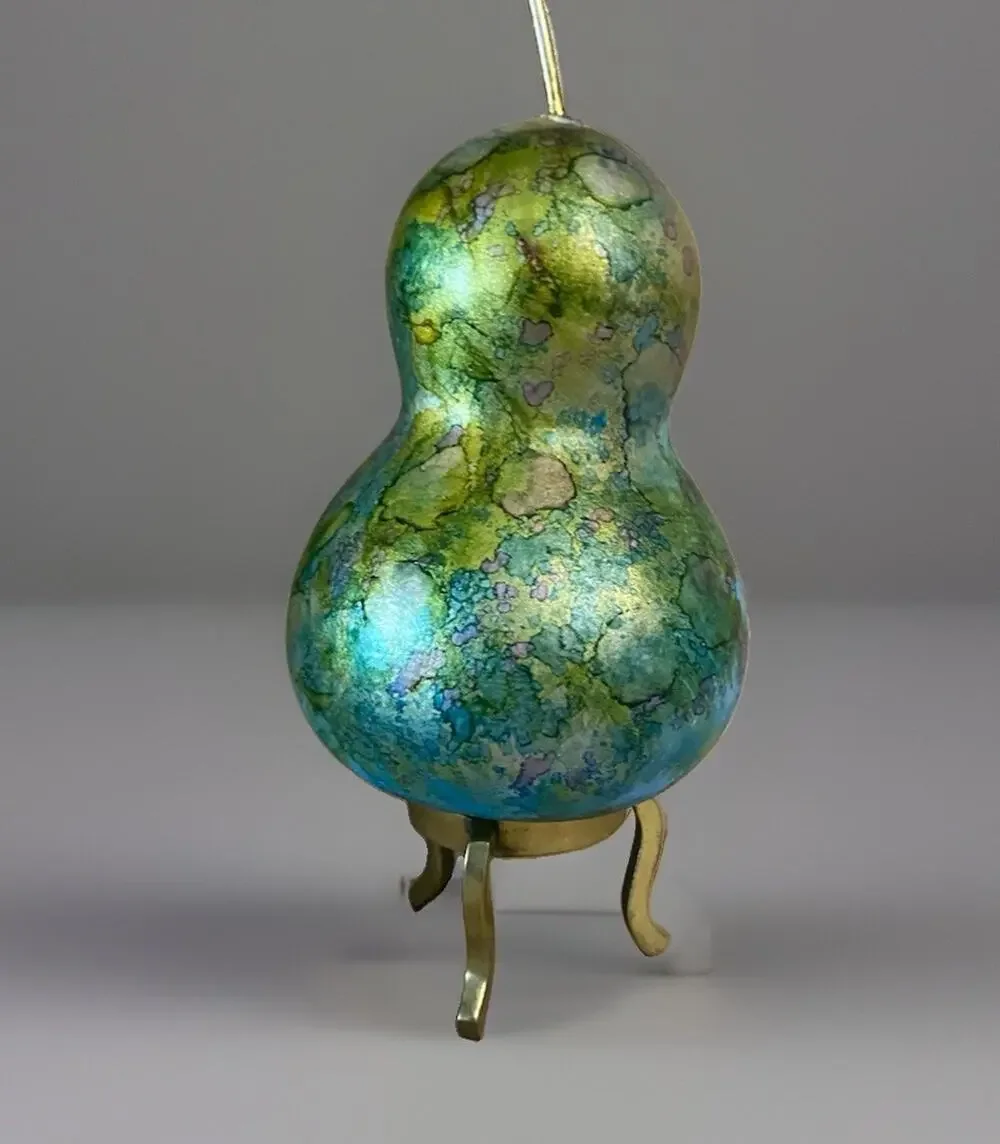 Hand Painted Gourd Pear Decor Iridescent Metallic Design with Brass Stand 6.75